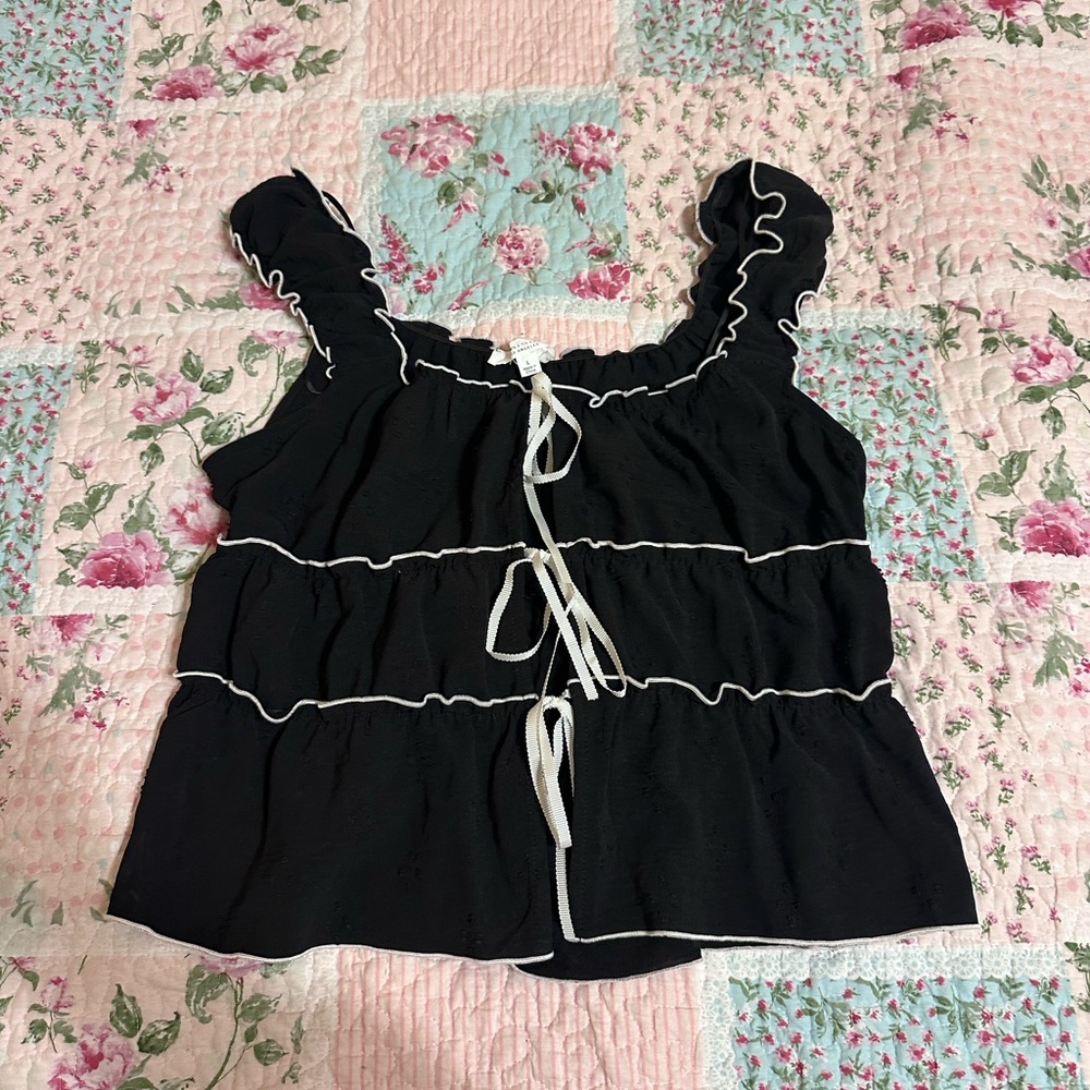 Black Ruffle Tie Front Tank Top